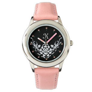 MONOGRAMM FÜR SCHWARZ-WEISSE GRIFFINEN UND BLUME ARMBANDUHR