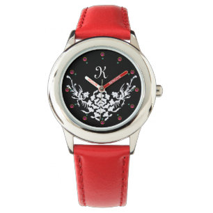MONOGRAMM FÜR Schwarz-weiße GRIFFINEN UND BLUME Armbanduhr