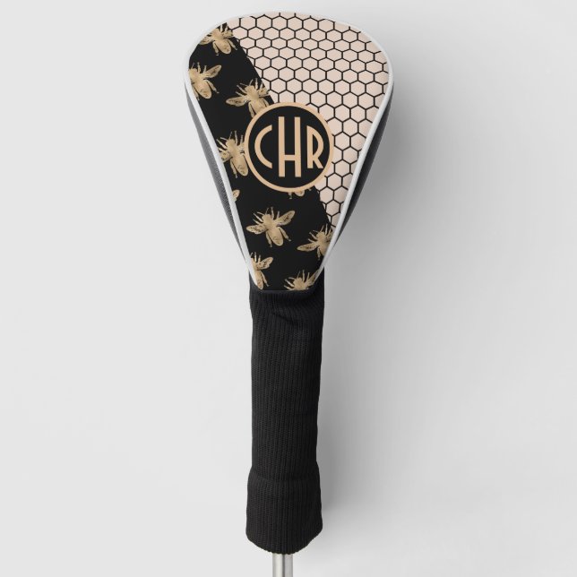 Monogramm für Schwarze und Goldbienen und rosa Hon Golf Headcover (Vorderseite)