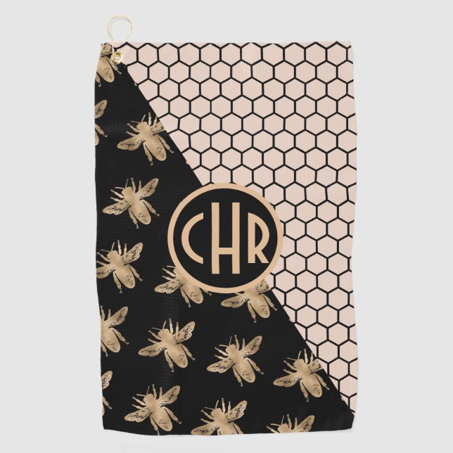 Monogramm für Schwarze und Goldbienen und rosa Hon Golfhandtuch (Vorderseite)
