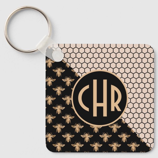 Monogramm für Schwarze und Goldbienen und rosa Hon Schlüsselanhänger (Vorderseite)