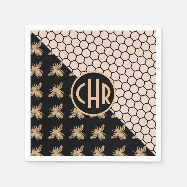 Monogramm für Schwarze und Goldbienen und rosa Hon Serviette (Vorderseite)