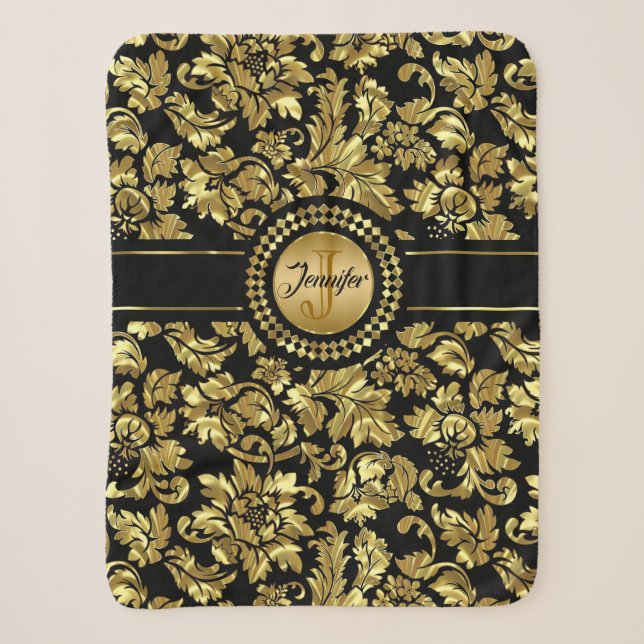 Monogramm für schwarze und goldene Damasken Sherpadecke (Vorderseite)