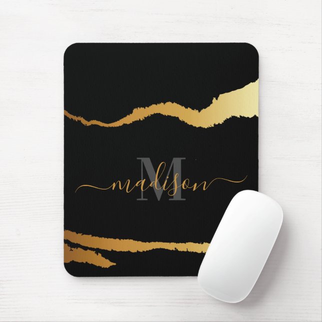 Monogramm für Schwarze und Goldene Folien Mousepad (Mit Mouse)