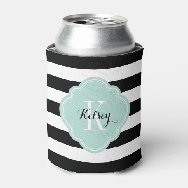 Monogramm für schwarze und Minze Preppy-Streifen Dosenkühler (Kanne Vorderseite)