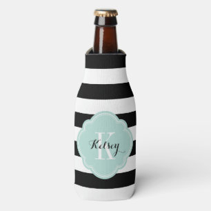 Monogramm für schwarze und Minze Preppy-Streifen Flaschenkühler