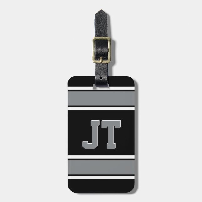 Monogramm für schwarze und silberne Sportstreifen Gepäckanhänger (Vorderseite vertikal)