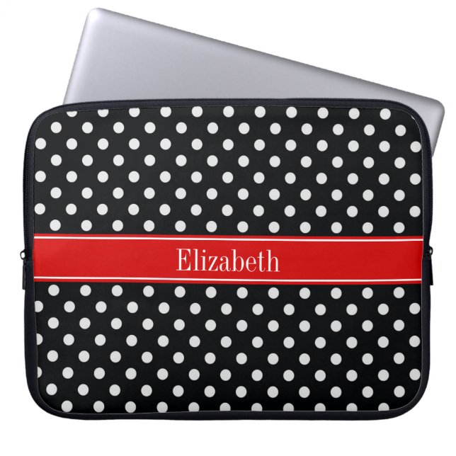 Monogramm für schwarze und weiße Polka-Punkte Rote Laptopschutzhülle (Vorderseite)