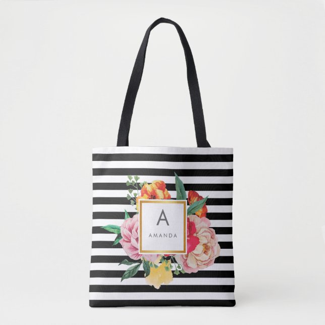 Monogramm für Schwarzweißflecken-Blume Tasche (Vorderseite)
