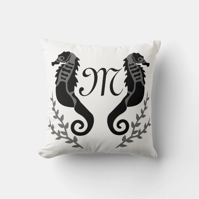 Monogramm für Silhouetten aus schwarzem Seepferd Kissen (Vorderseite)