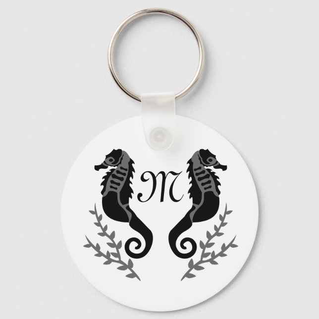Monogramm für Silhouetten aus schwarzem Seepferd Schlüsselanhänger (Vorderseite)