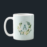 Monogramm für süße Grünkleider und Minzpunkte Kaffeetasse<br><div class="desc">Individuell mit Monogramm Kaffee-Tasse personalisiert mit Ihrem ersten oder anderen Text. Dieses inspirierte Bauernhaus besticht durch einen farbenfrohen Kranz aus Grün und weißen Blume auf einem Pollka-Punkt-Hintergrund. Fügen Sie den Buchstaben des Monogramms in den botanischen Rahmen ein. Verwenden Sie die Designtools, um eine beliebige Hintergrundfarbe auszuwählen, Textfarben und Schriftart zu...</div>