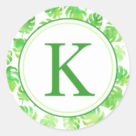 Monogramm für tropische grüne Blätter Runder Aufkleber