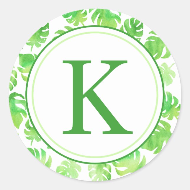 Monogramm für tropische grüne Blätter Runder Aufkleber (Vorderseite)