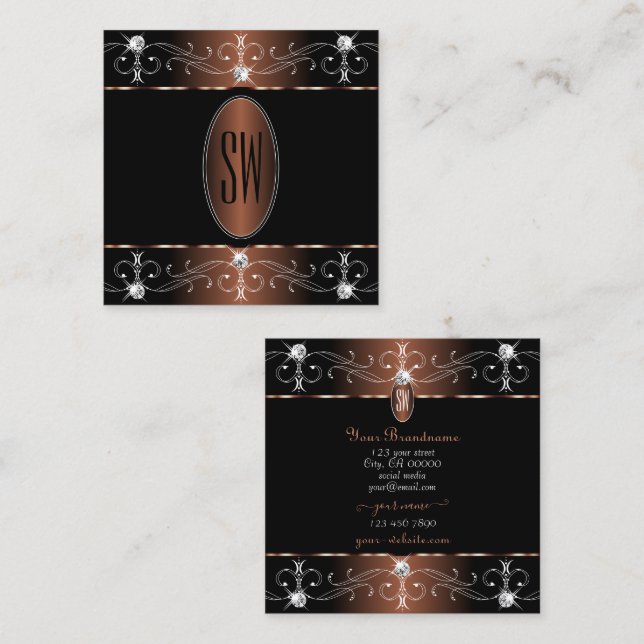 Monogramm für Verzierte Ornamente aus Luxus-Schwar Quadratische Visitenkarte (Vorne/Hinten)
