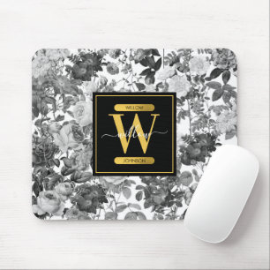 Monogramm für Vintage Blumen, Schwarz, Weiß und Go Mousepad