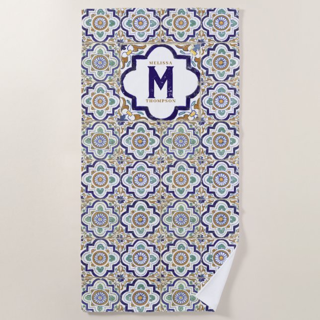 Monogramm für Vintage botanische ZierTiles Strandtuch (Vorderseite)