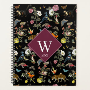 Monogramm für Vintage dunkle botanische Tiere Planer