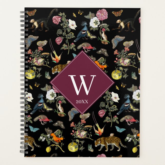 Monogramm für Vintage dunkle botanische Tiere Planer (Vorderseite)