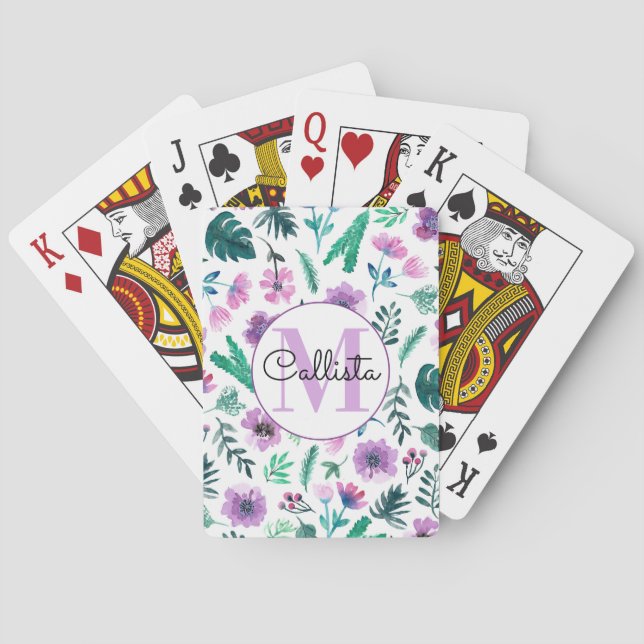 Monogramm für Violet Hunter Tropenfarben-Blume Spielkarten (Rückseite)