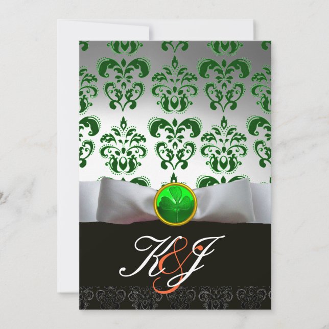 MONOGRAMM FÜR WEISS UND GRÜNES DAMASK-KLEEBLATT EINLADUNG (Vorderseite)
