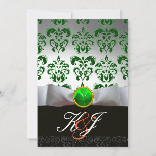 MONOGRAMM FÜR WEISS UND GRÜNES DAMASK-KLEEBLATT EINLADUNG