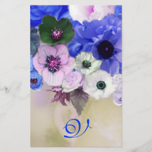 MONOGRAMM FÜR WEISSE BLAUE ROSE UND ANEMONE-BLUME BRIEFPAPIER