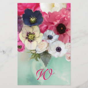 MONOGRAMM FÜR WEISSE ROSEN UND ANEMONEN-BLUME BRIEFPAPIER