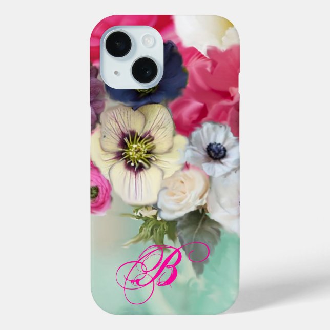MONOGRAMM FÜR WEISSE ROSEN UND ANEMONEN-BLUME iPhone 15 HÜLLE (Rückseite)