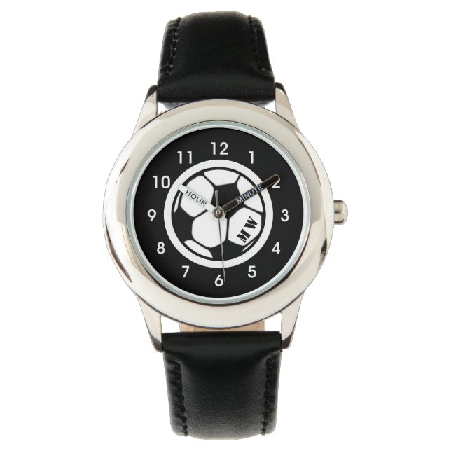Monogramm-Fußball-Uhr der Kinder schwarz Armbanduhr (Vorderseite)