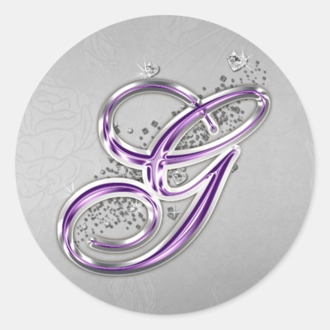 Monogramm-G-Aufkleber für lila Glitzer Runder Aufkleber (Vorderseite)