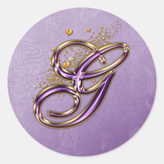 Monogramm-G-Aufkleber für lila Glitzer und Gold Runder Aufkleber (Vorderseite)