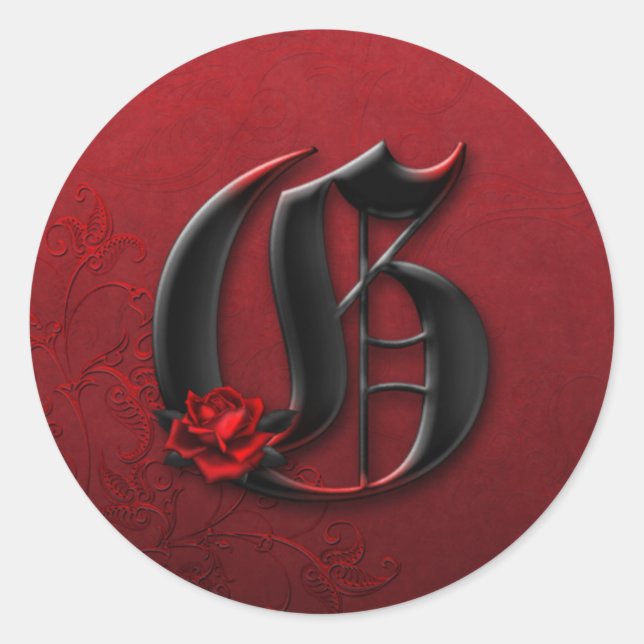 Monogramm-G-Aufkleber für Schwarz und Rote Rose Runder Aufkleber (Vorderseite)