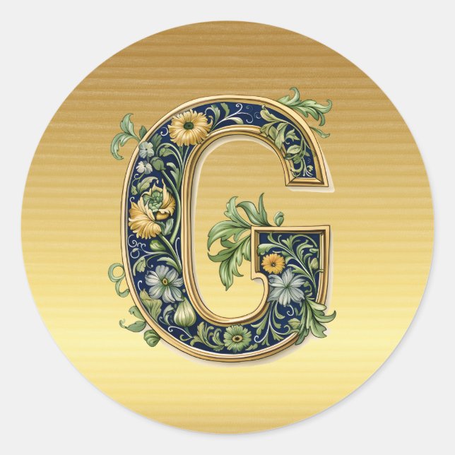 Monogramm G, Blumenmuster auf Gold, Runder Aufkleber (Vorderseite)