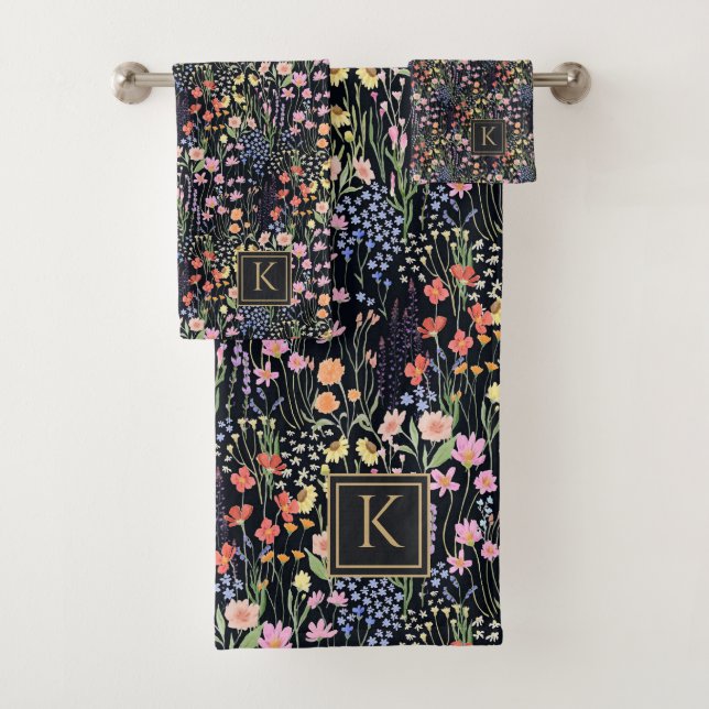 Monogramm-Garten dunkler Hintergrund Wildblumen-Bl Badhandtuch Set (Insitu)