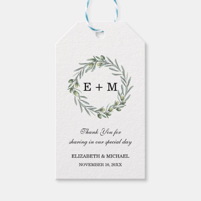Monogramm-Gastgeschenk Hochzeit für Aquarellgrün Geschenkanhänger (Vorderseite)