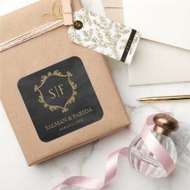 Monogramm-Gastgeschenk Hochzeit für das Black-Gold Quadratischer Aufkleber