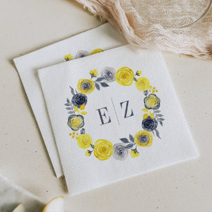 Monogramm Gelb Grau Boho Blumenkranz Hochzeit Serviette