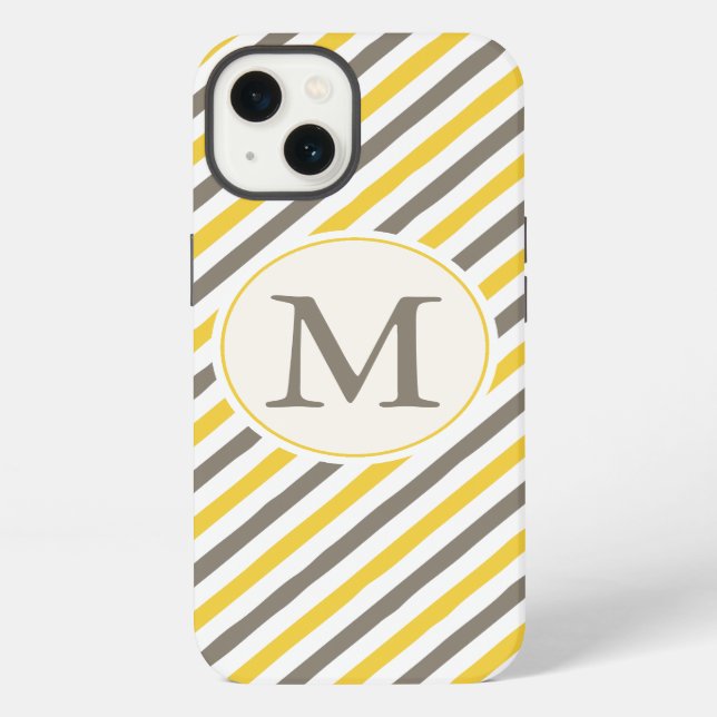 Monogramm Gelb und Grau Streifenmuster iPhone Hülle (Rückseite)
