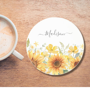 Monogramm Gelbe Blume Sonnenblume Floral Botanisch Getränkeuntersetzer