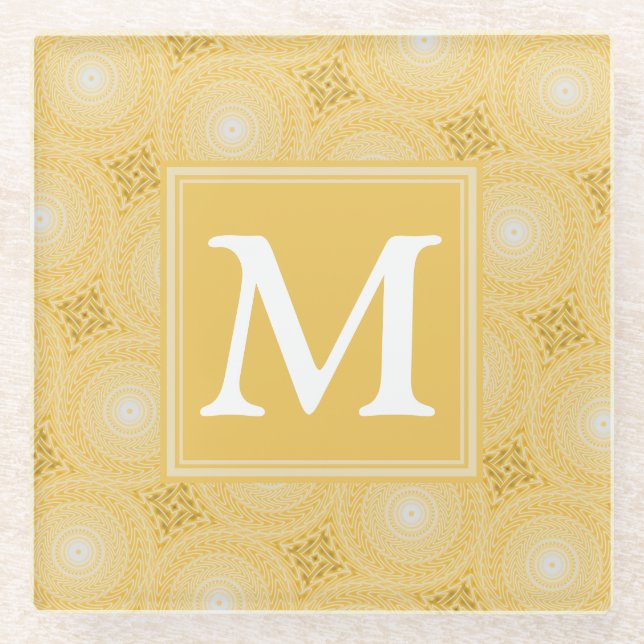 Monogramm-gelbe Kreismuster Glasuntersetzer (Vorderseite)