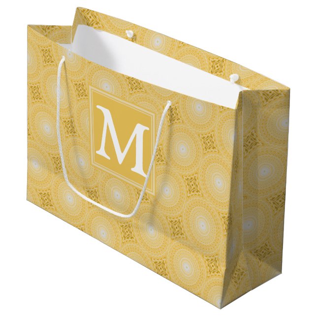 Monogramm-gelbe Kreismuster Große Geschenktüte (Vorderseite Schrägansicht)