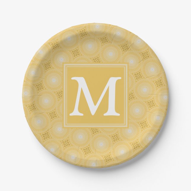 Monogramm-gelbe Kreismuster Pappteller (Vorderseite)