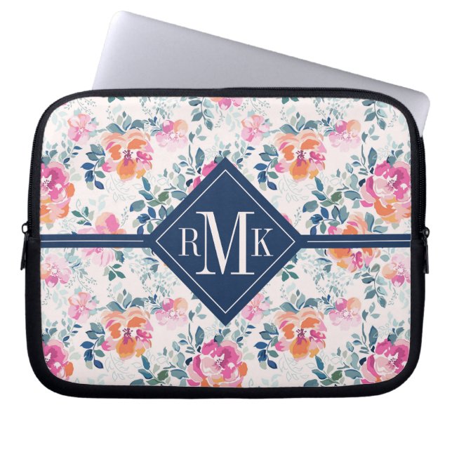 Monogramm-| gemaltes Rosen-Muster Laptopschutzhülle (Vorderseite)