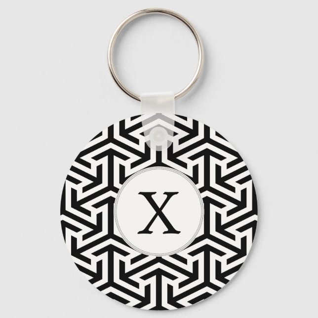 monogramm geometrisches Schwarzweißmuster Schlüsselanhänger (Vorderseite)
