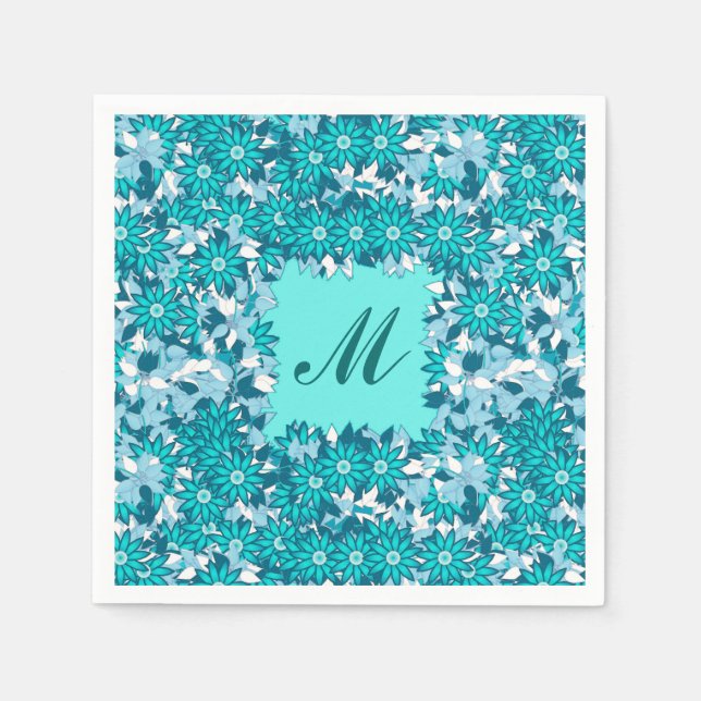 Monogramm gerahmt mit Blume - blau und weiß Serviette (Vorderseite)