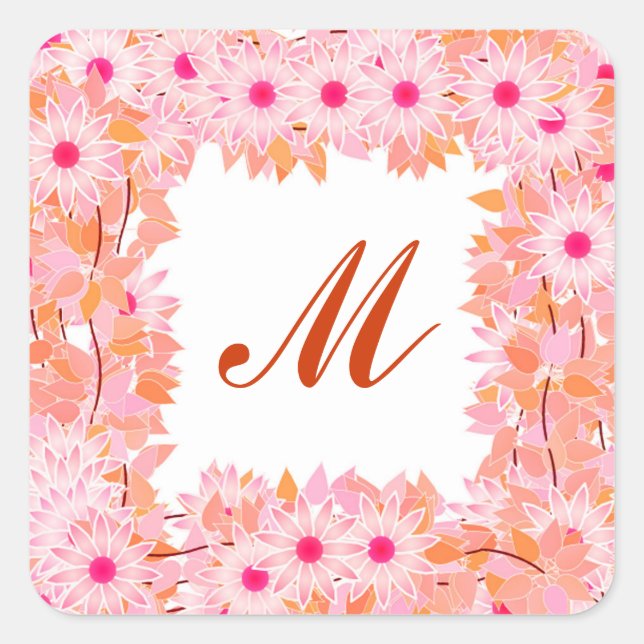 Monogramm gerahmt mit Blume - rosa und pfirsichfar Quadratischer Aufkleber (Vorderseite)