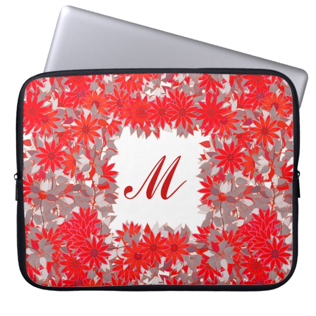 Monogramm gerahmt mit Blume - rot und grau Laptopschutzhülle (Vorderseite)