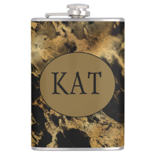 Monogramm Geschenk aus schwarzem Goldmarmor-Achat  Flachmann