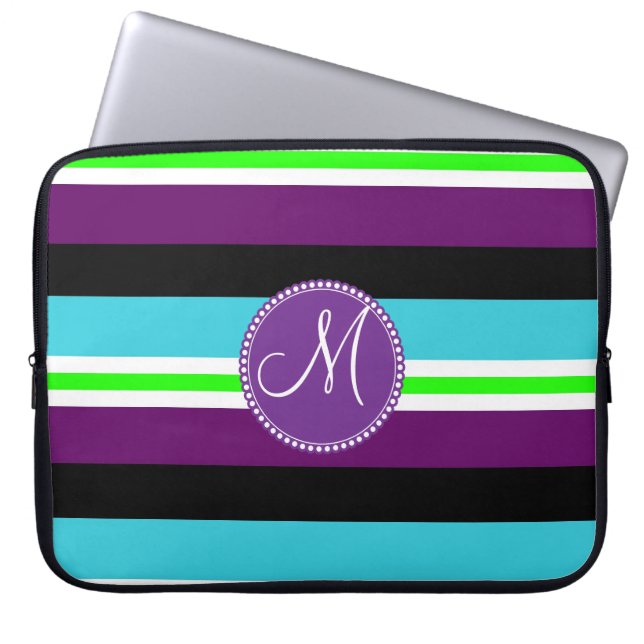Monogramm-gestreiftes Muster-lila aquamarines Laptopschutzhülle (Vorderseite)